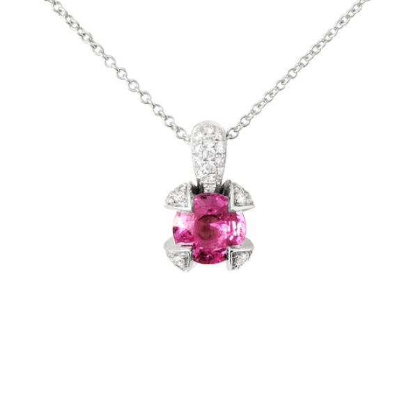 GAREL - Pendentif Trèfle Saphir Rose 0,70ct et Pavage Diamants 0,15ct - Or Blanc 18K