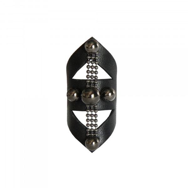 Black leather ring with chain and studded beads - Sev Sevad