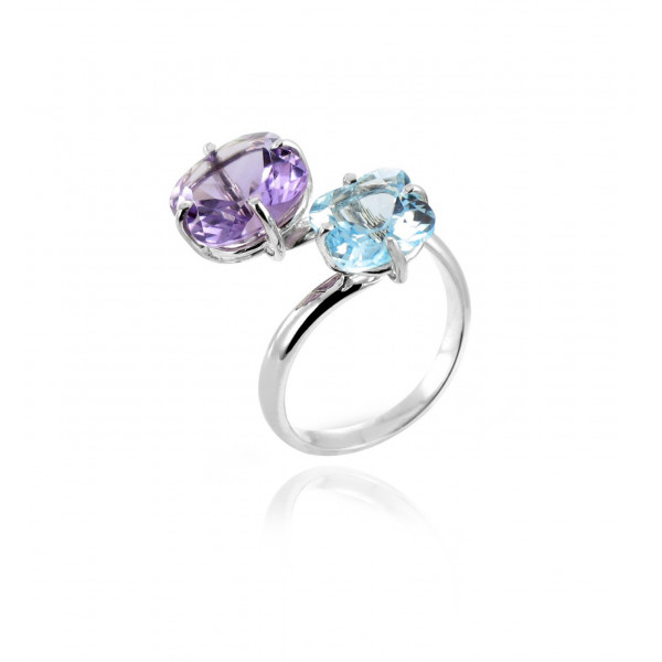 Duo ring amethyst and topaz blue flowers - Be Jewels!