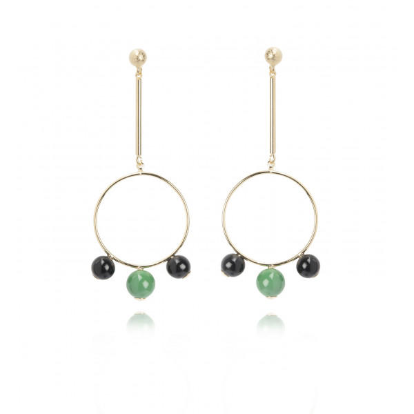 Pendant Earrings gold plated and blacks and green balls - Poli Joias