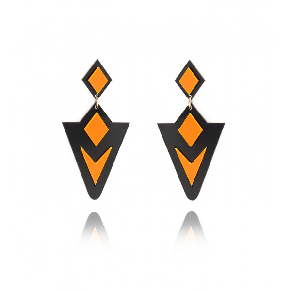 Fancy triangle shape earrings - orange and black  - Poli Joias