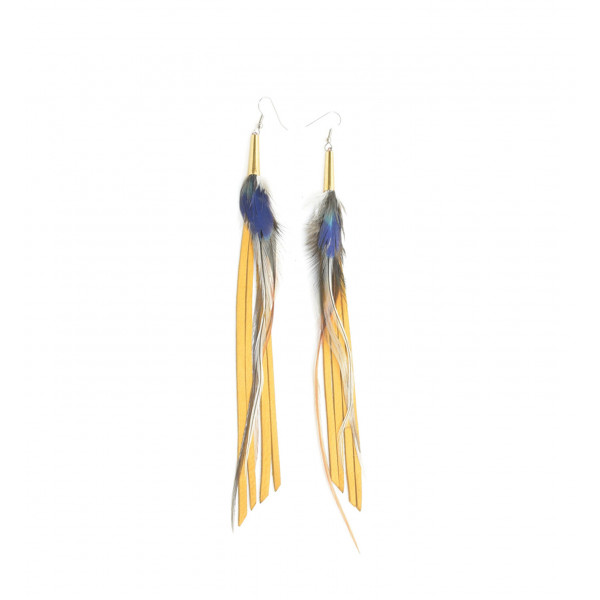 Earrings feather in yellow leather - Ruby Feathers France