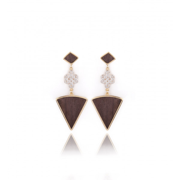 Pendant earrings with diamond shaped & wood triangle - Poli Joias