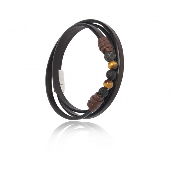 Leather bracelet 3 turns tiger eye and lava stone - Magnum