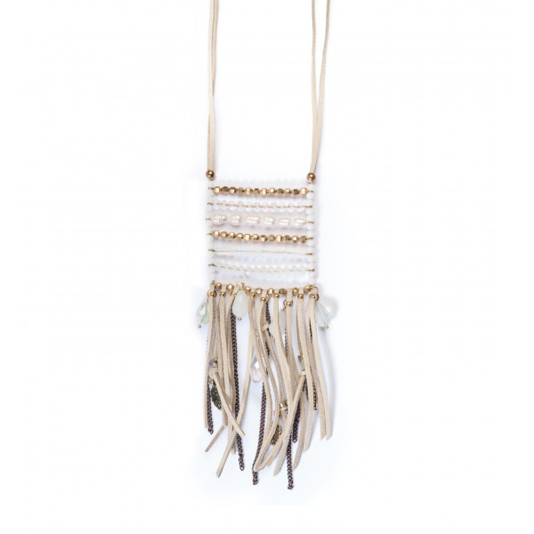 White long necklace with pearl and leather- Amarkande