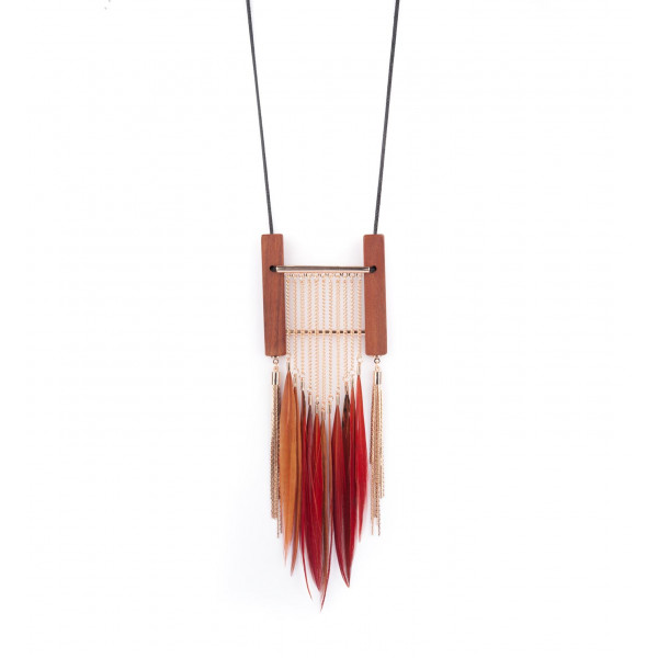 Long necklace with wood and feather - Amarkande