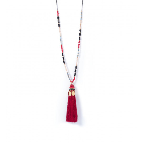 Pearl long necklace and red pompom - Amarkande