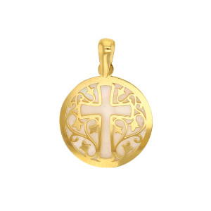 ONEKISS - Pendentif Rond Croix ajourée Nacre, Or Jaune 18k