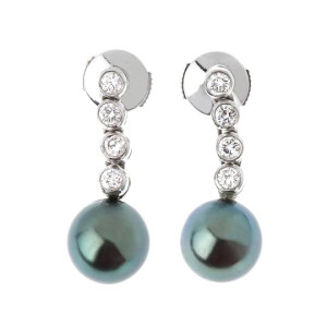 Boucles d'Oreilles Perles de Tahiti 9/10 mm AAA et Diamants 0,44ct - Or Blanc 18k
