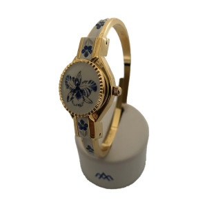 Montre Bracelet André Mouche - Laqué émail Blanc, décors floral Bleu