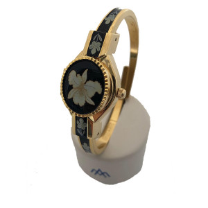 Montre Bracelet André Mouche - Laqué émail noir, décors floral Blanc/Jaune