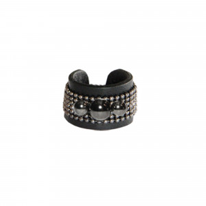 Black leather ring with chain and studded beads - Sev Sevad jewels