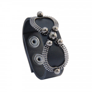 Black leather cuff bracelet with studded beads - Sev Sevad