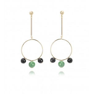 Pendant Earrings gold plated and blacks and green balls - Poli Joias 