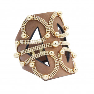 Large beige leather cuff bracelet with gold studded beads - Sev Sevad