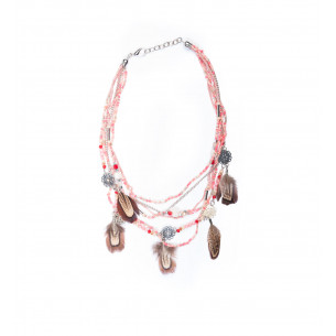 Multi-row necklace pink pearls and feather - Amarkande