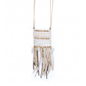 White long necklace with pearl and leather- Amarkande