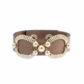 Cuff bracelet beige leather with gold studded beads - Sev Sevad