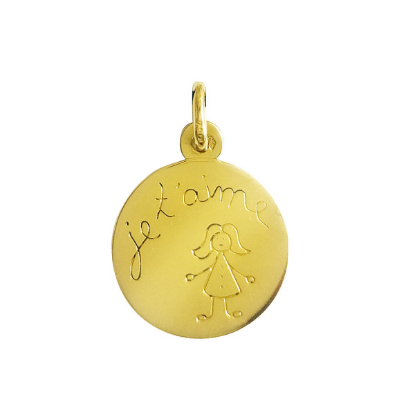 ONEKISS - Médaille Fillette "Je t'aime" 16mm, Or Jaune 18k 1,1g