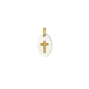 ONEKISS - Médaille nacre ovale et Croix, Or Jaune 18k