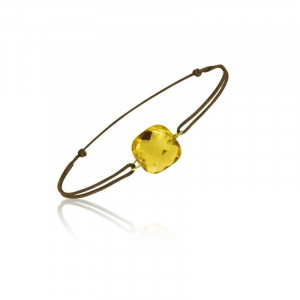 Bracelet cordon marron avec une pierre citrine coussin 10mm - Be Jewels!
