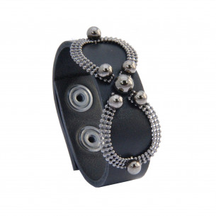 Bracelet manchette cuir noir avec perles cloutées - Sev Sevad 